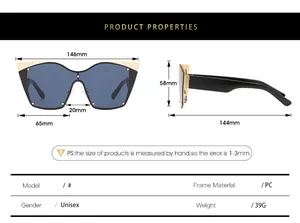 Detailed size specifications for oversized cat-eye sunglasses with blue lenses and PC frame