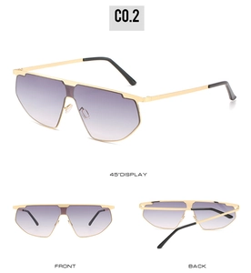 Modern metal sunglasses with purple gradient lenses showing front, back, and side views
