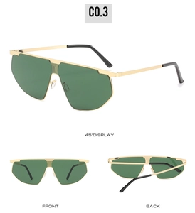Detailed views of gold metal frame sunglasses with green lens from front and side angles