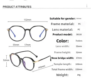 Detailed technical diagram showing dimensions and specs for round TR90 alloy glasses