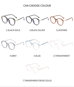 Detail showing seven stylish color options for ultra-light TR90 alloy round glasses frames