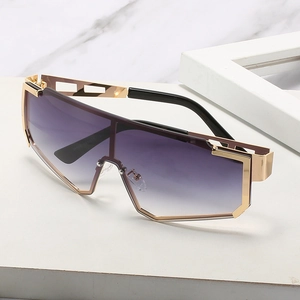 Metallic punk shield sunglasses with purple gradient lenses and gold geometric frame