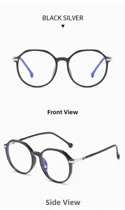 Front and side views of round TR90 black silver optical frame with blue light lenses