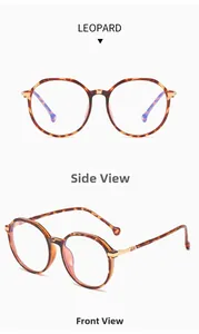 Macro detail of leopard print round glasses with gold metal temples and blue light lenses