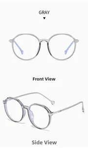 Detailed front and side view of round gray TR90 glasses frames with metal hinges