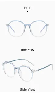 Front and side views of translucent light blue TR90 glasses frames with metal hinges