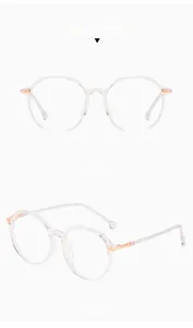 Front and side views of transparent round TR90 optical glasses with rose gold metal accents