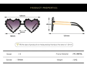 Detailed size chart for kids heart sunglasses with precise frame and lens measurements