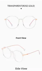 Front and side views of lightweight transparent round frames with rose gold metal temples