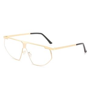 Fashion oversized gold metal sunglasses with flat top and black temple tips in 45-degree view