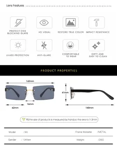 Size chart for square frame sunglasses with UV400 metal temples and dimension details