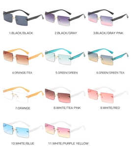 Detailed overview of eleven colorful rimless square sunglasses with metallic bridges