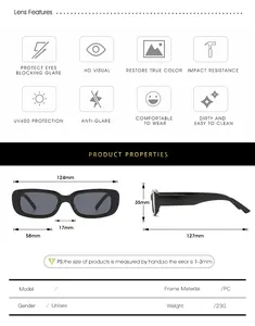 Detailed size chart for kids square sunglasses with UV400 lens features and dimensions
