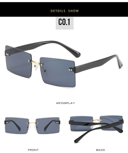Detailed views of square frame sunglasses with jelly colors and rivet accents