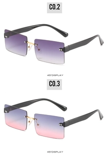 Detail view of 45-degree angle rimless square sunglasses with gradient lenses and rivets