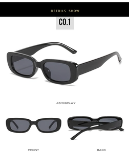 Detailed views of kids black rectangular sunglasses showing front side and back angles