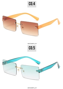 Vertical display of rimless square sunglasses in orange and teal gradient options