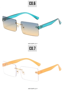 Detail view of two pairs of rimless rectangular sunglasses with transparent colored temples