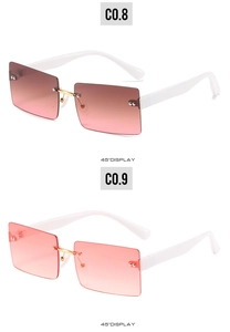 Vertical display of square rimless sunglasses with gradient lenses and white temples