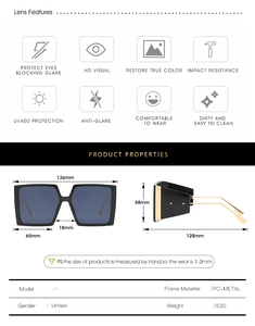 Detailed size chart for square frame oversized sunglasses showing 136mm width and dimensions