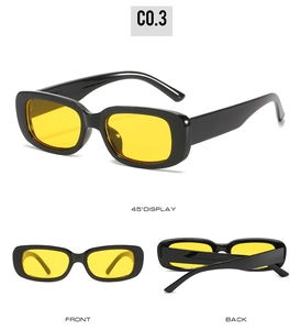 Three-angle view of kids square sunglasses with black frames and translucent yellow lenses
