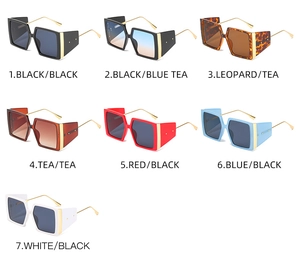 Flat lay of retro square sunglasses in seven colors with thick frames and metal temples