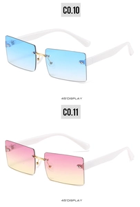 Detailed 45-degree view of square gradient lens sunglasses in blue and pink-yellow