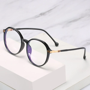 Retro black round TR90 eyeglasses frame with gold V-hinge and anti-blue light lenses