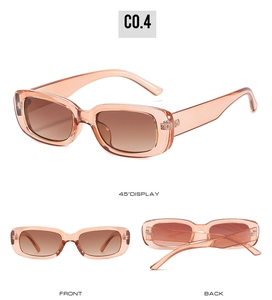 Three-angle display of kids vintage square peach sunglasses with brown gradient lenses