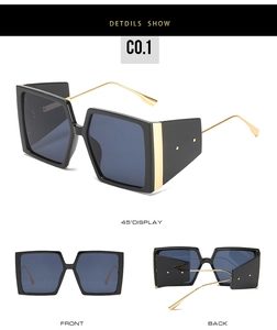 Detailed views of square sunglasses with gold metal temples and rivet accents