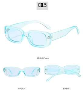 Detailed views of light blue transparent square sunglasses for kids showing multiple angles