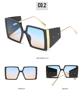Three-angle view of oversized square sunglasses with blue-pink gradient lenses