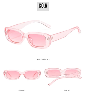 Pink transparent rectangular kids sunglasses shown in front, back and 45-degree angles