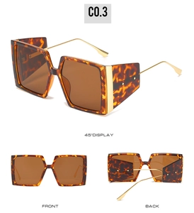Detailed views of square tortoiseshell sunglasses with gold metal temples and wide shield sides