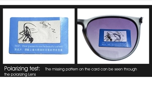 Polarized lens test card demonstrating fishing pattern through dark gray sunglass lens