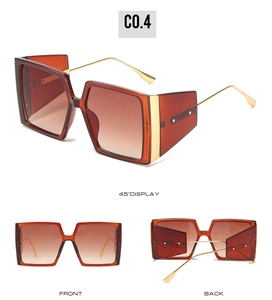 Multiple views of oversized square sunglasses with gradient lenses and metal temples