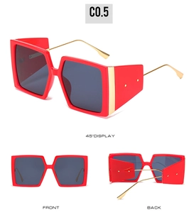 Detailed views of red square oversized sunglasses with gold metal temples from three angles