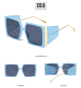 Three perspectives of square blue sunglasses with golden metal temples and rivets
