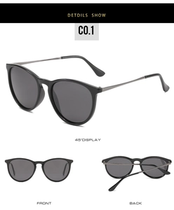 Three views of polarized retro round sunglasses with black frames and metal temples