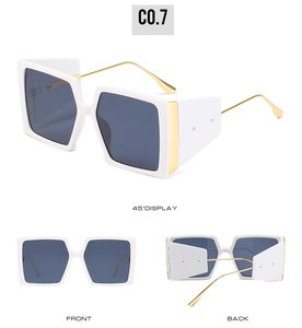 Three-angle view of white square sunglasses with gold metal temples and rectangle accents