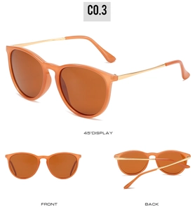 Three angles of unisex polarized sunglasses with orange frames and gold metal temples