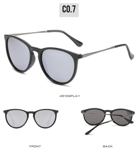 Detail view of polarized sunglasses with black frames and slim metallic gunmetal temples
