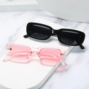 Retro rectangle kids sunglasses in glossy black and transparent pink frames for boys and girls