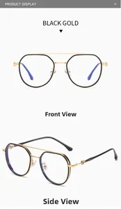 Front and side views of square TR90 metal frame glasses in black and gold color