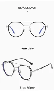 Detail view of black and silver square TR90 glasses frames with blue light blocking lenses