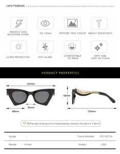 Tableau détaillé des tailles de lunettes de soleil œil de chat et mesures de monture