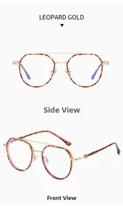 Detailed front and side view of leopard gold geometric glasses with TR90 metal frame