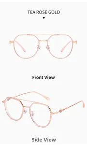 Dual view of tea rose gold TR90 polygon glasses frame with floral hinge detail