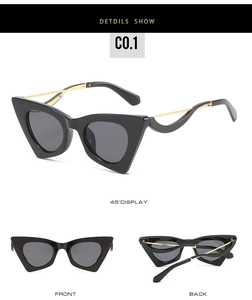 Vues détaillées de lunettes de soleil œil-de-chat noires avec branches dorées ondulées