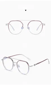 Detail view of purple to silver gradient TR90 metal frame glasses with double bridge